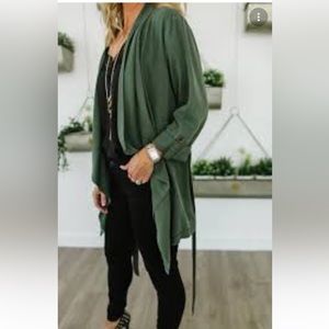 NWT Women's Green lightweight open front long coat with drawstring